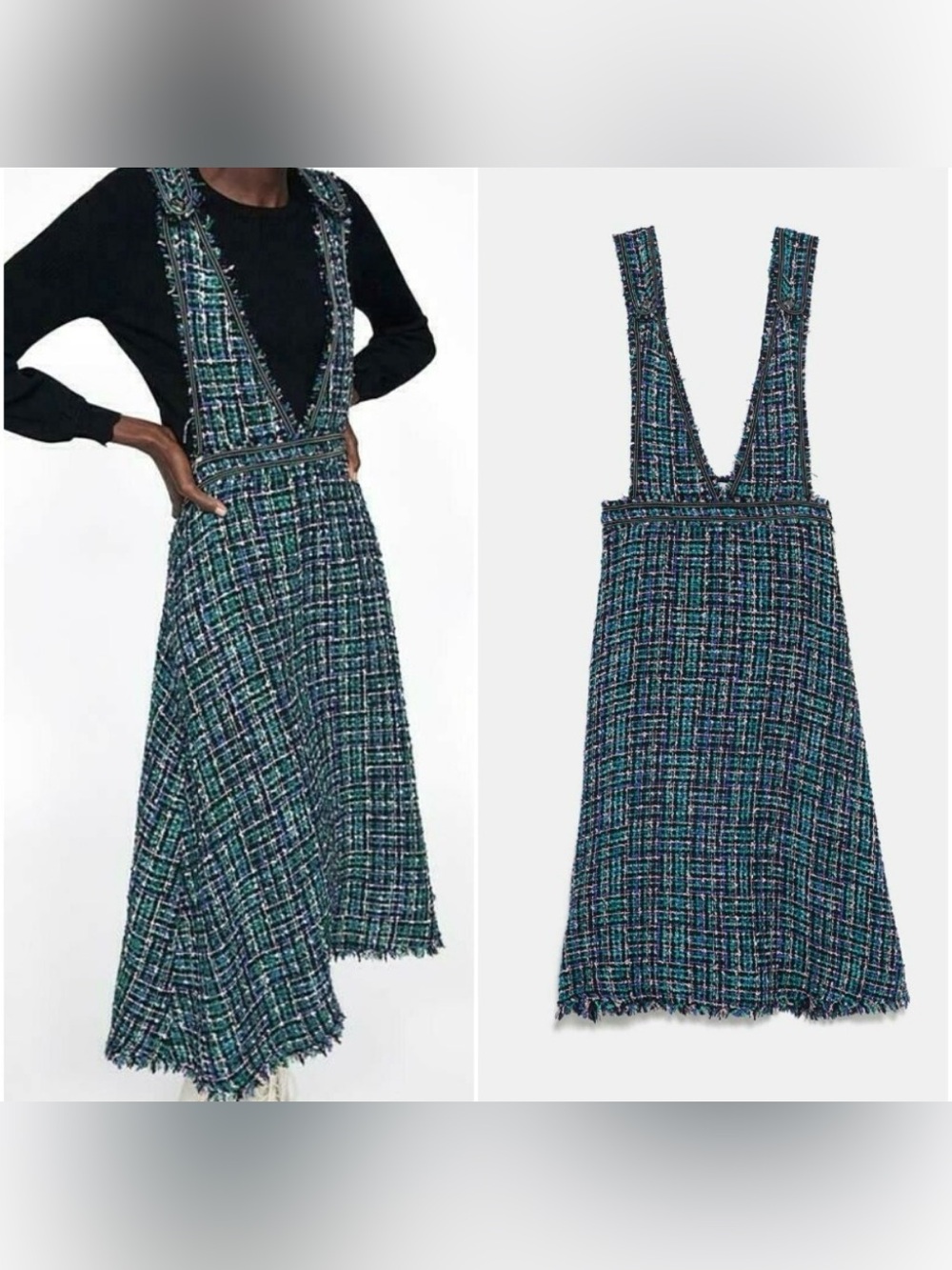Zara Green Tweed Deep V Plunge Overall Midi Dress S